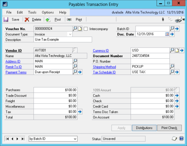 Use Tax on a Payables Voucher