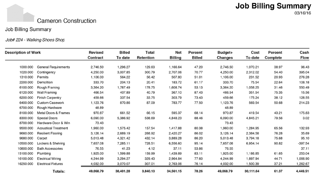 Sage 100 Contractor Job Billing Summary Report