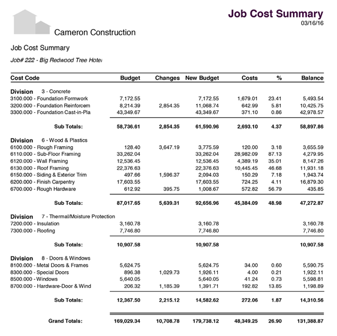 Sage 100 Contractor Job Cost Summary Report