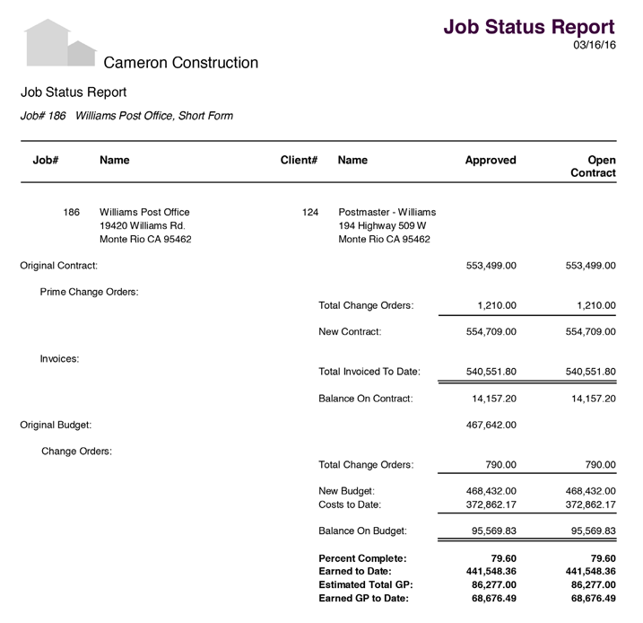 Sage 100 Contractor Job Status Report