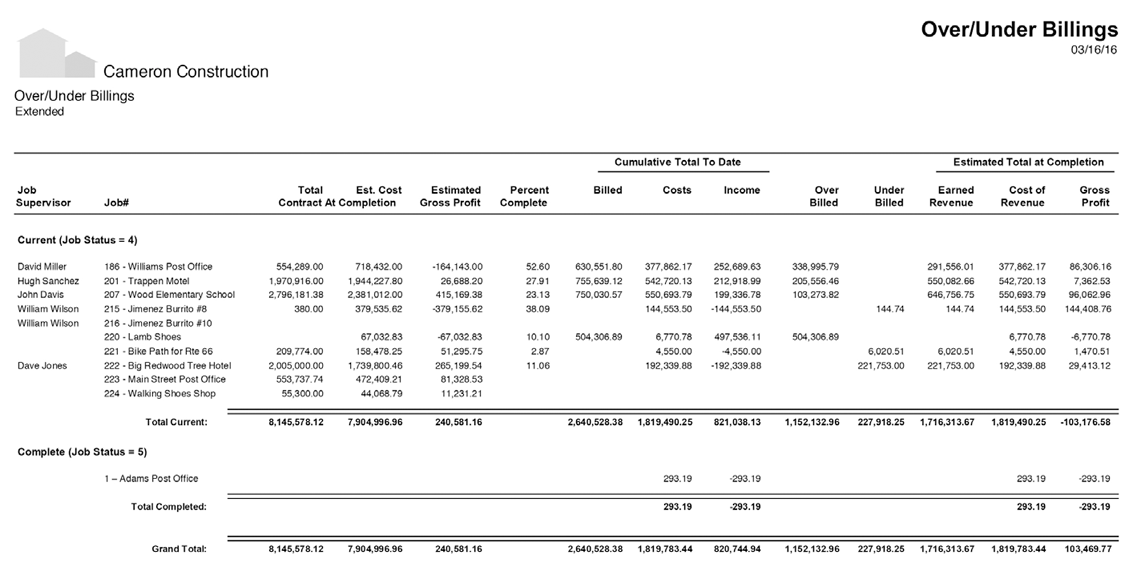 Sage 100 Contractor Over/Under Billings Report