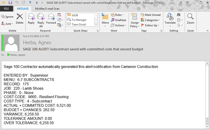 Sage 100 Contractor Subcontract Alert