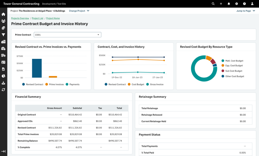 Sage Construction Management: Prime Contract Budget and Invoice History