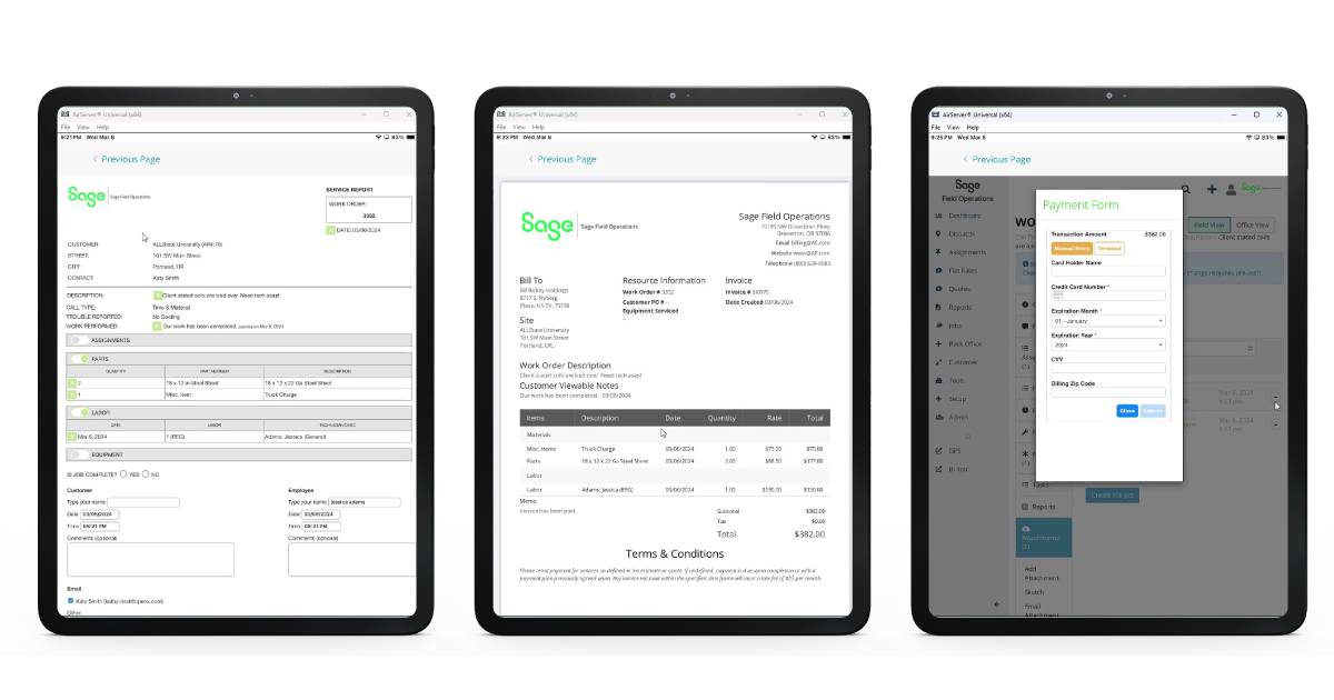 Sage Field Operations Mobile App: Service Report, Invoice, Collect Payment