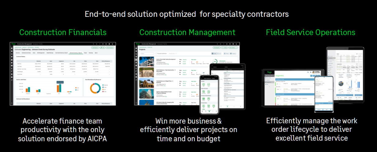 Sage for Specialty Contractors Package features Sage Intacct Construction, Sage Construction Management, and Sage Field Operations, offering a holistic view of your financial health, project status, and resource allocation.