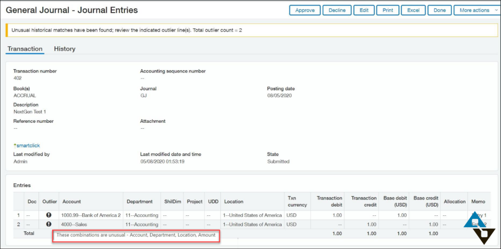 GL Outlier Detection: This AI-driven feature scans general ledger entries and flags anomalies.